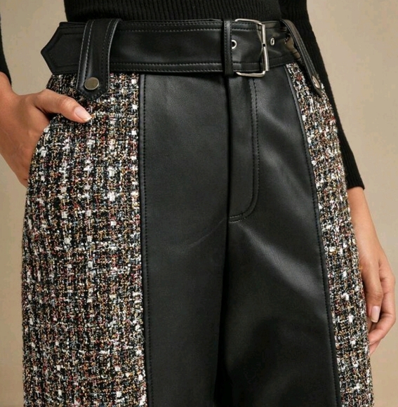 Women Ed And Leather Patchwork Straight Leg Slim Fit Pants, Autumn/Winter - Picture 2 of 4